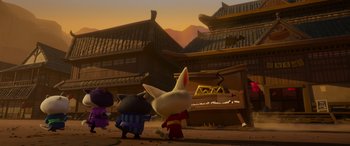 Movie still from “Paws of Fury: The Legend of Hank” (2022), directed by Chris Bailey – A group of cartoon characters standing next to each other in front of some buildings; Extreme Wide shot, Low angle