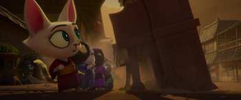 Movie still from “Paws of Fury: The Legend of Hank” (2022), directed by Chris Bailey – A group of people standing next to each other in front of a piano; Wide shot, Low angle