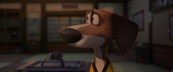 Movie still from “Paws of Fury: The Legend of Hank” (2022), directed by Chris Bailey – A cartoon dog with a yellow shirt on; Close Up shot, Low angle
