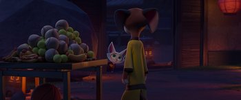 Movie still from “Paws of Fury: The Legend of Hank” (2022), directed by Chris Bailey – An animated character looking at an animal in a market; Wide shot, Over the shoulder angle
