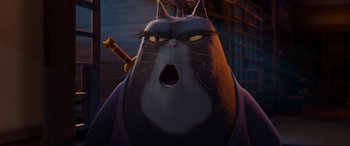 Movie still from “Paws of Fury: The Legend of Hank” (2022), directed by Chris Bailey – A cat with a sword in his mouth; Close Up shot, Low angle