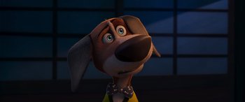 Movie still from “Paws of Fury: The Legend of Hank” (2022), directed by Chris Bailey – A cartoon dog with a yellow shirt and a yellow tie; Close Up shot, High angle