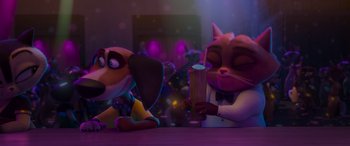 Movie still from “Paws of Fury: The Legend of Hank” (2022), directed by Chris Bailey – Two animated characters sitting on a table; Medium shot, Over the shoulder angle