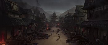 Movie still from “Paws of Fury: The Legend of Hank” (2022), directed by Chris Bailey – An asian village with a lot of people walking on the street; Extreme Wide shot, High angle