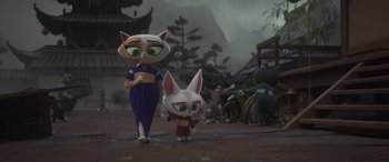Movie still from “Paws of Fury: The Legend of Hank” (2022), directed by Chris Bailey – A cat and a rabbit are standing next to each other; Wide shot, High angle
