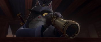 Movie still from “Paws of Fury: The Legend of Hank” (2022), directed by Chris Bailey – A black cat wearing a suit and holding a spyglass; Close Up shot, Low angle
