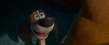Movie still from “Paws of Fury: The Legend of Hank” (2022), directed by Chris Bailey – A dog's face in a scene; Close Up shot, Low angle