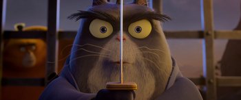 Movie still from “Paws of Fury: The Legend of Hank” (2022), directed by Chris Bailey – A cat with a sword in his hand; Close Up shot, Low angle