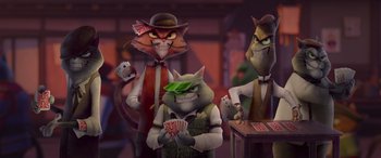 Movie still from “Paws of Fury: The Legend of Hank” (2022), directed by Chris Bailey – A group of cats are playing cards in a room; Medium shot, Low angle