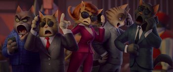 Movie still from “Paws of Fury: The Legend of Hank” (2022), directed by Chris Bailey – A group of people that are standing up; Medium shot, High angle