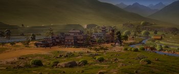 Movie still from “Paws of Fury: The Legend of Hank” (2022), directed by Chris Bailey – An image of an asian village in the middle of the day; Extreme Wide shot, High angle