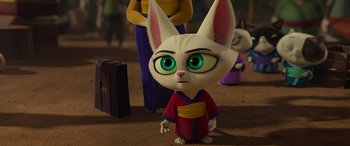 Movie still from “Paws of Fury: The Legend of Hank” (2022), directed by Chris Bailey – A white rabbit with green eyes wearing a red robe; Close Up shot, High angle