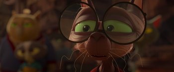 Movie still from “Paws of Fury: The Legend of Hank” (2022), directed by Chris Bailey – A cat with glasses is looking at the camera; Close Up shot, Over the shoulder angle