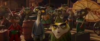 Movie still from “Paws of Fury: The Legend of Hank” (2022), directed by Chris Bailey – A group of cats are gathered together in a room; Close Up shot, Low angle
