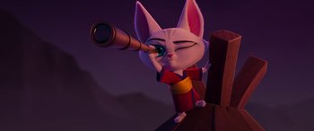 Movie still from “Paws of Fury: The Legend of Hank” (2022), directed by Chris Bailey – A cartoon cat is looking through a spyglass; Medium shot, High angle