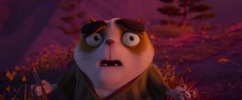 Movie still from “Paws of Fury: The Legend of Hank” (2022), directed by Chris Bailey – A cat with a surprised look on its face; Close Up shot, Low angle