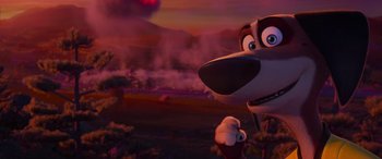 Movie still from “Paws of Fury: The Legend of Hank” (2022), directed by Chris Bailey – A dog's face in a movie scene; Close Up shot, Low angle