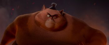 Movie still from “Paws of Fury: The Legend of Hank” (2022), directed by Chris Bailey – An animated cat with a hat on his head; Close Up shot, Low angle