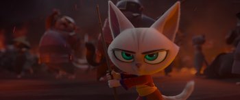 Movie still from “Paws of Fury: The Legend of Hank” (2022), directed by Chris Bailey – A cartoon cat holding a stick in its mouth; Close Up shot, Over the shoulder angle