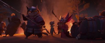 Movie still from “Paws of Fury: The Legend of Hank” (2022), directed by Chris Bailey – A group of people standing next to each other in front of a fire; Wide shot, Over the shoulder angle