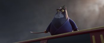 Movie still from “Paws of Fury: The Legend of Hank” (2022), directed by Chris Bailey – An animated character is holding a sword in his hand; Medium shot, Low angle