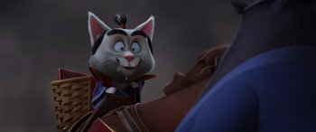 Movie still from “Paws of Fury: The Legend of Hank” (2022), directed by Chris Bailey – A cartoon cat is looking at a person; Close Up shot, Over the shoulder angle