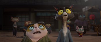 Movie still from “Paws of Fury: The Legend of Hank” (2022), directed by Chris Bailey – A couple of cats are standing next to each other; Close Up shot, Low angle