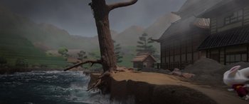 Movie still from “Paws of Fury: The Legend of Hank” (2022), directed by Chris Bailey – An animated scene of a tree and a body of water; Extreme Wide shot, High angle