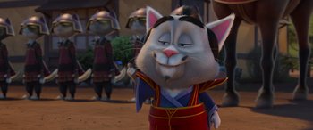 Movie still from “Paws of Fury: The Legend of Hank” (2022), directed by Chris Bailey – A cartoon character is dressed in a kimono; Close Up shot, Over the shoulder angle