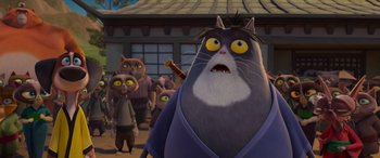 Movie still from “Paws of Fury: The Legend of Hank” (2022), directed by Chris Bailey – A group of cats walking down a street; Close Up shot, Low angle