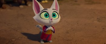 Movie still from “Paws of Fury: The Legend of Hank” (2022), directed by Chris Bailey – A cartoon cat with green eyes standing in the dirt; Close Up shot, High angle
