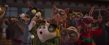 Movie still from “Paws of Fury: The Legend of Hank” (2022), directed by Chris Bailey – A bunch of cats that are standing up together; Close Up shot, Low angle
