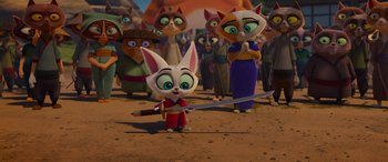 Movie still from “Paws of Fury: The Legend of Hank” (2022), directed by Chris Bailey – A group of cartoon characters are gathered around a sword; Wide shot, High angle