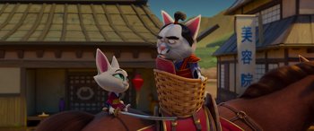 Movie still from “Paws of Fury: The Legend of Hank” (2022), directed by Chris Bailey – Two animated cats sitting in a basket on the back of a carriage; Medium shot, Over the shoulder angle