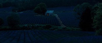Movie still from “Perfume: The Story of a Murderer” (2006), directed by Tom Tykwer – A small house in the middle of a field at night; Extreme Wide shot, High angle