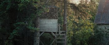 Movie still from “Pet Sematary: Bloodlines” (2023), directed by Lindsey Anderson Beer – A tree house in the middle of a forest; Extreme Wide shot, Low angle