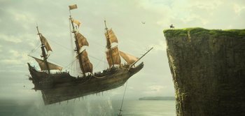 Movie still from “Peter Pan & Wendy” (2023), directed by David Lowery – An image of an old pirate ship in the water; Extreme Wide shot, Low angle
