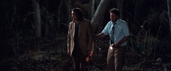 Movie still from “Pineapple Express” (2008), directed by David Gordon Green – Two men are standing in the woods at night; Medium shot, Over the shoulder angle