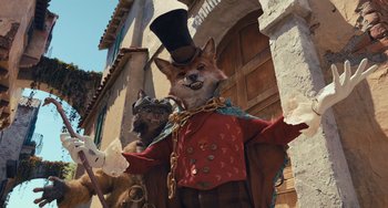 Movie still from “Pinocchio” (2022), directed by Robert Zemeckis – A couple of stuffed animals that are next to each other; Medium shot, Low angle