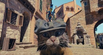 Movie still from “Pinocchio” (2022), directed by Robert Zemeckis – A cat with a hat on top of it's head; Close Up shot, High angle