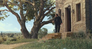 Movie still from “Pinocchio” (2022), directed by Robert Zemeckis – A man standing on a porch next to a tree; Extreme Wide shot, Low angle