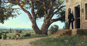 Movie still from “Pinocchio” (2022), directed by Robert Zemeckis – A painting of a tree and steps in the middle of a field; Extreme Wide shot, Low angle