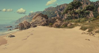Movie still from “Pinocchio” (2022), directed by Robert Zemeckis – A view of a sandy beach with trees in the background; Extreme Wide shot, High angle