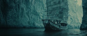 Movie still from “Pirates of the Caribbean: At World's End” (2007), directed by Gore Verbinski – An old boat in the middle of the ocean; Extreme Wide shot, High angle