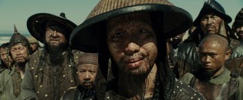 Movie still from “Pirates of the Caribbean: At World's End” (2007), directed by Gore Verbinski – A man with a hat and a beard; Close Up shot, Over the shoulder angle