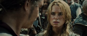 Movie still from “Pirates of the Caribbean: At World's End” (2007), directed by Gore Verbinski – A person looking at another person; Close Up shot, Over the shoulder angle