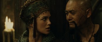 Movie still from “Pirates of the Caribbean: At World's End” (2007), directed by Gore Verbinski – A man and a woman looking at one another; Close Up shot, Over the shoulder angle