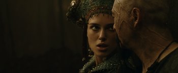 Movie still from “Pirates of the Caribbean: At World's End” (2007), directed by Gore Verbinski – A person wearing a costume; Close Up shot, Over the shoulder angle