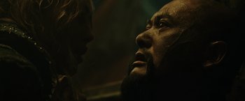 Movie still from “Pirates of the Caribbean: At World's End” (2007), directed by Gore Verbinski – A person with long hair and a beard; Close Up shot, Over the shoulder angle