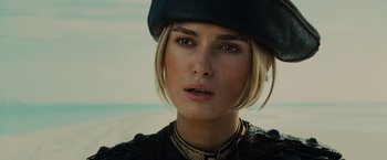 Movie still from “Pirates of the Caribbean: At World's End” (2007), directed by Gore Verbinski – A person wearing a hat; Close Up shot, Over the shoulder angle